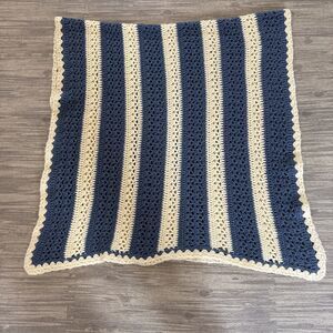 Vtg Handmade Crochet Afghan Lap Blanket 65.5x35” Blue & Cream Striped